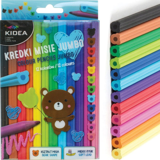 Kredki ołówkowe Jumbo w kształcie głowy Misia 12 kolorów Kidea