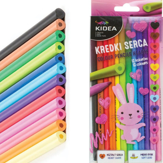 Kredki ołówkowe w kształcie serca 12 kolorów Kidea