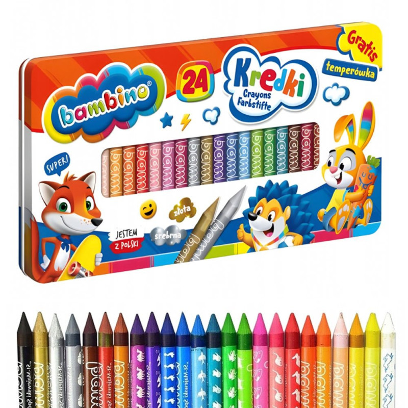 Kredki świecowe Bambino w metalowym etui 24 kolory