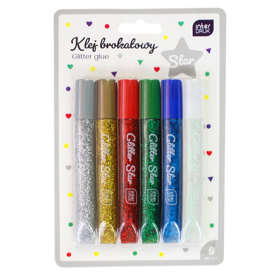 Klej z Brokatem 10,5 ml Star 6 Kolorów Mix kolorów blister