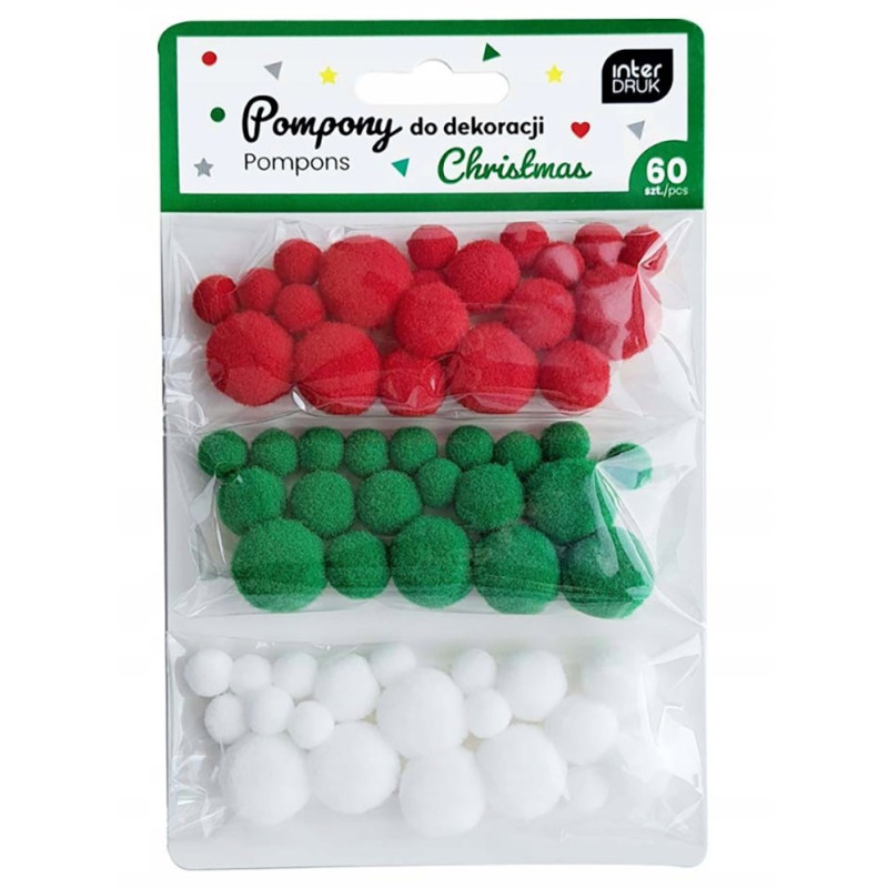 Pompony dekoracyjne mix kolorów i rozmiarów 60 sztuk Christmas