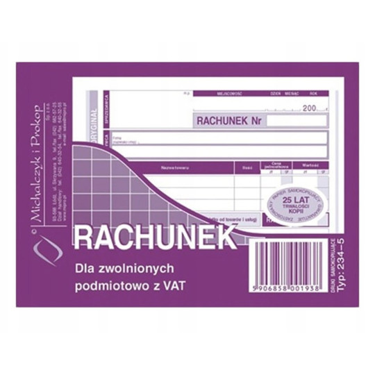 Rachunek dla zwolnionych podmiotowo z VAT A6, typ 234-5