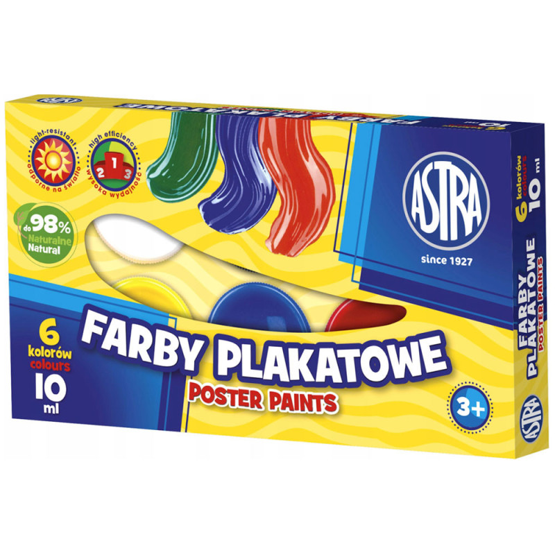 Farby plakatowe szkolne Astra 6 kolorów 10 ml