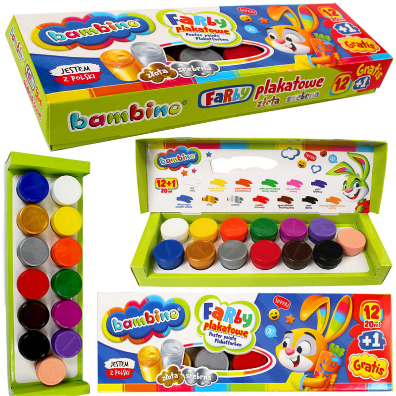 Farby plakatowe 20 ml Bambino 13 kolorów 12 + 1 Gratis