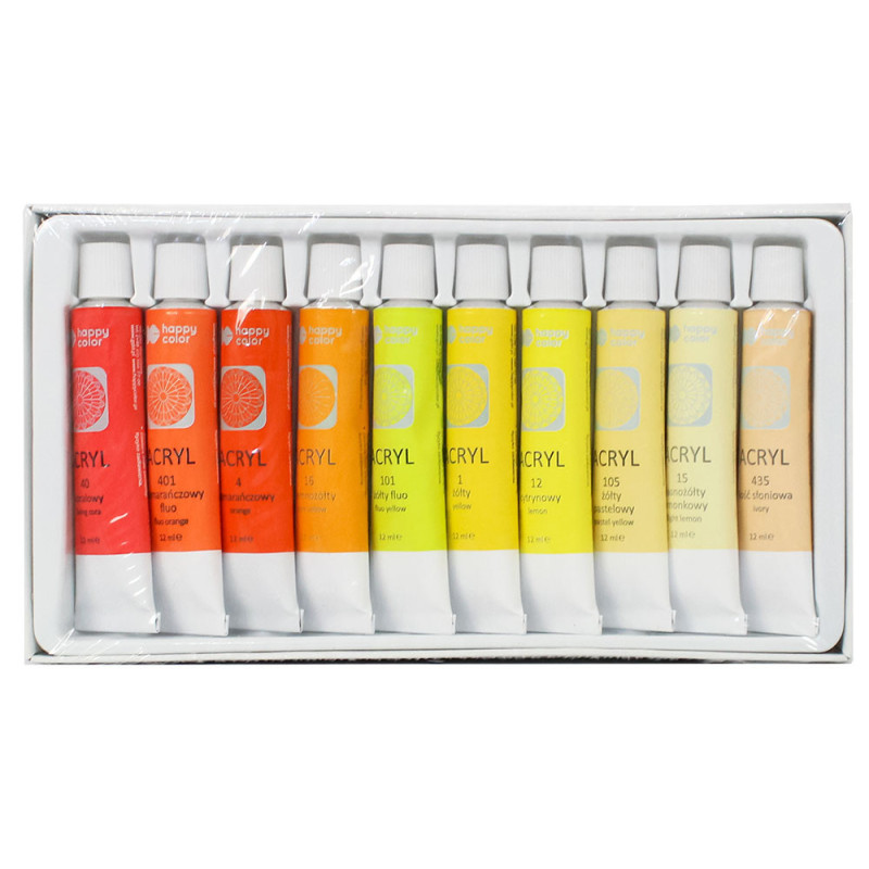 Farby akrylowe Happy Color 10 kolorów x 12 ml odcienie żółtego