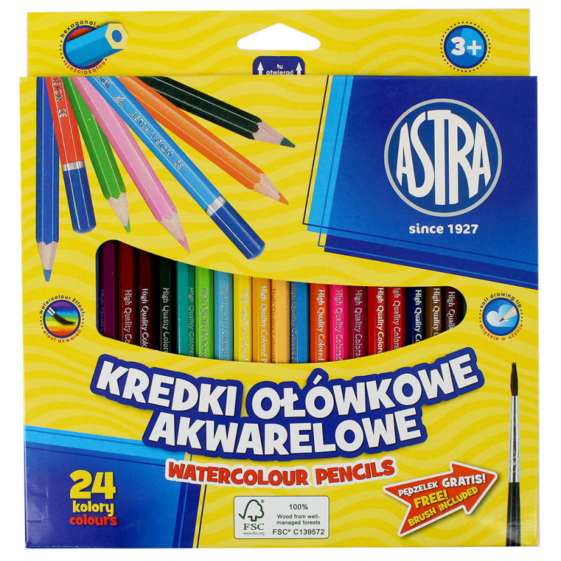 Kredki ołówkowe akwarelowe Astra 24 kolory + pędzelek, sześciokątne miękkie w użyciu