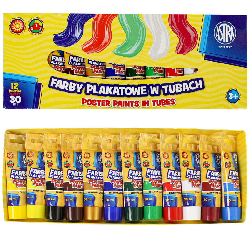 Farby plakatowe w tubach 12 kolorów 30 ml Astra