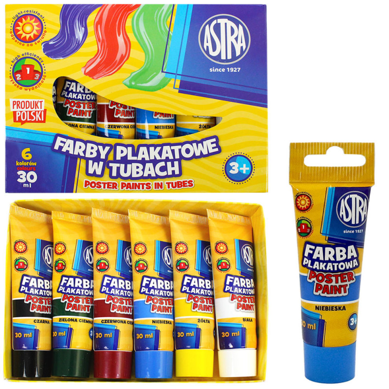 Farby plakatowe w tubkach 6 kolorów x 30 ml Astra
