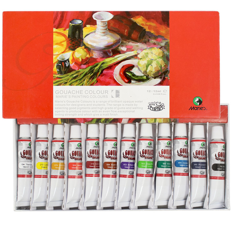 Farby gwasz Maries 12 kolorów w tubach 12 ml