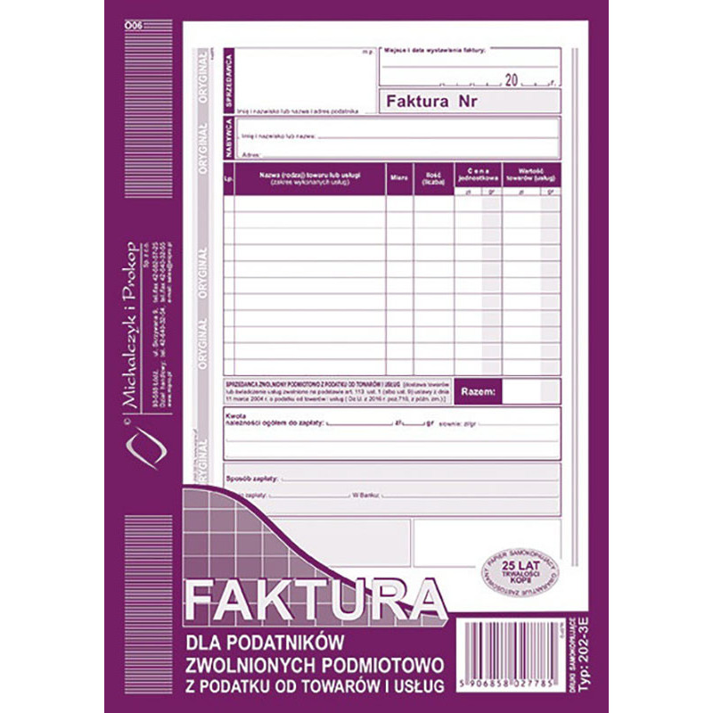 Druk Faktura VAT 202-3E A5 dla zwolnionych pionowa