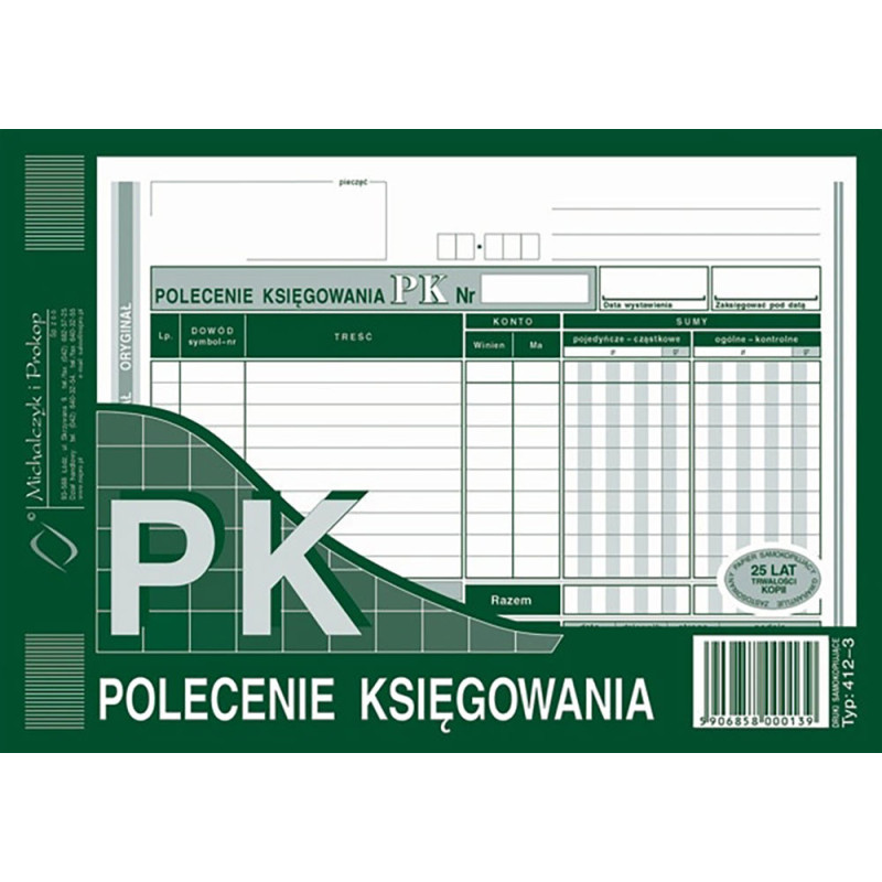 Druk polecenie księgowania A5 412-3 samokopiujący
