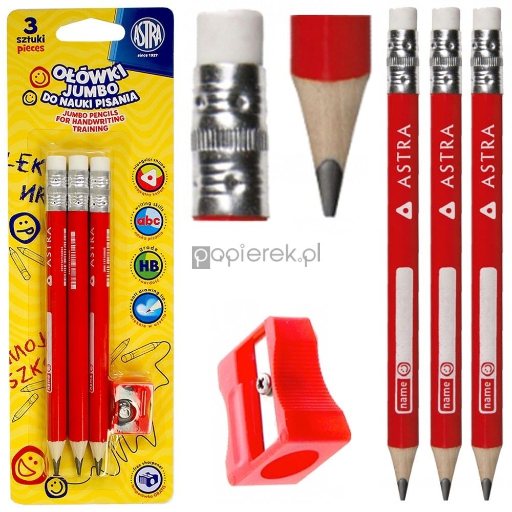 Ołówki Jumbo do nauki pisania 3 szt. + temperówka