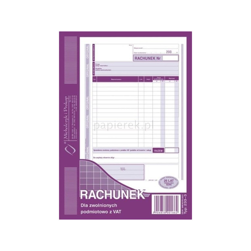 Druk rachunek dla zwolnionych z VAT A5 Typ: 233-3