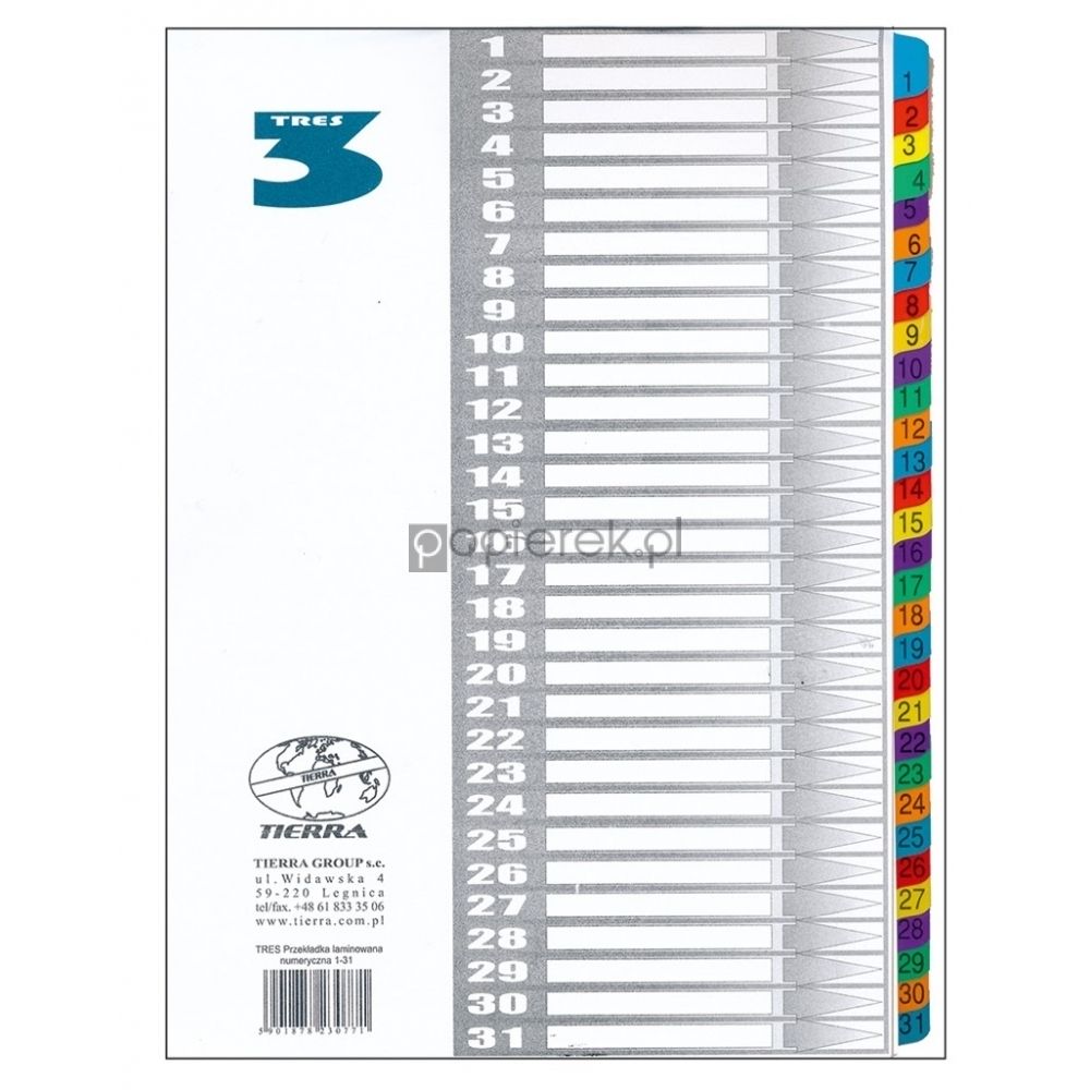 Przekładki laminowane numeryczne kolor 1-31 A4 TRES